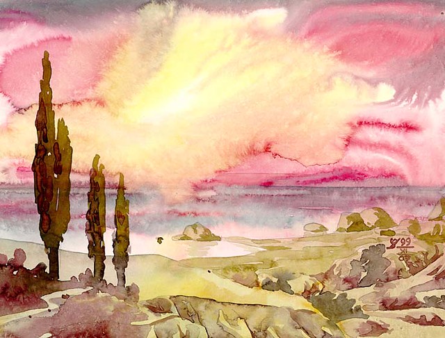 Image of a water color painting of a orange and pink sky with green hills and trees